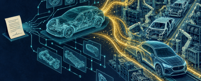 A vehicle software diagram connects an old license agreement to an automotive production line.