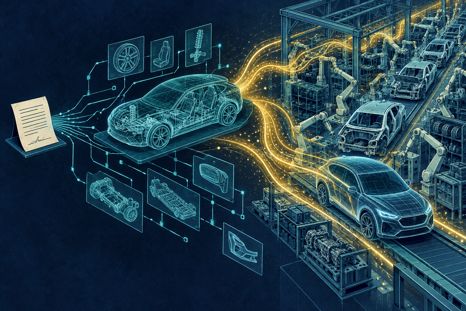 A vehicle software diagram connects an old license agreement to an automotive production line.