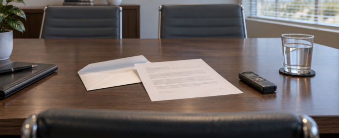 An appointment letter and recorder on a conference table facing an empty chair.
