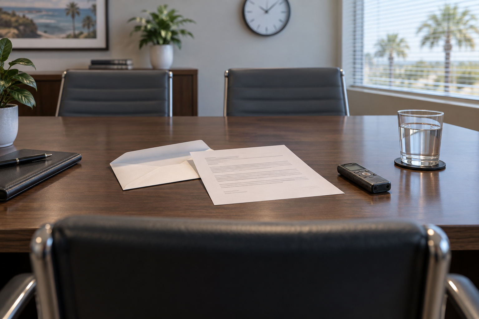 An appointment letter and recorder on a conference table facing an empty chair.