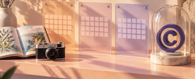 Three calendar panels beside a camera, illustrated book, and protected copyright symbol.