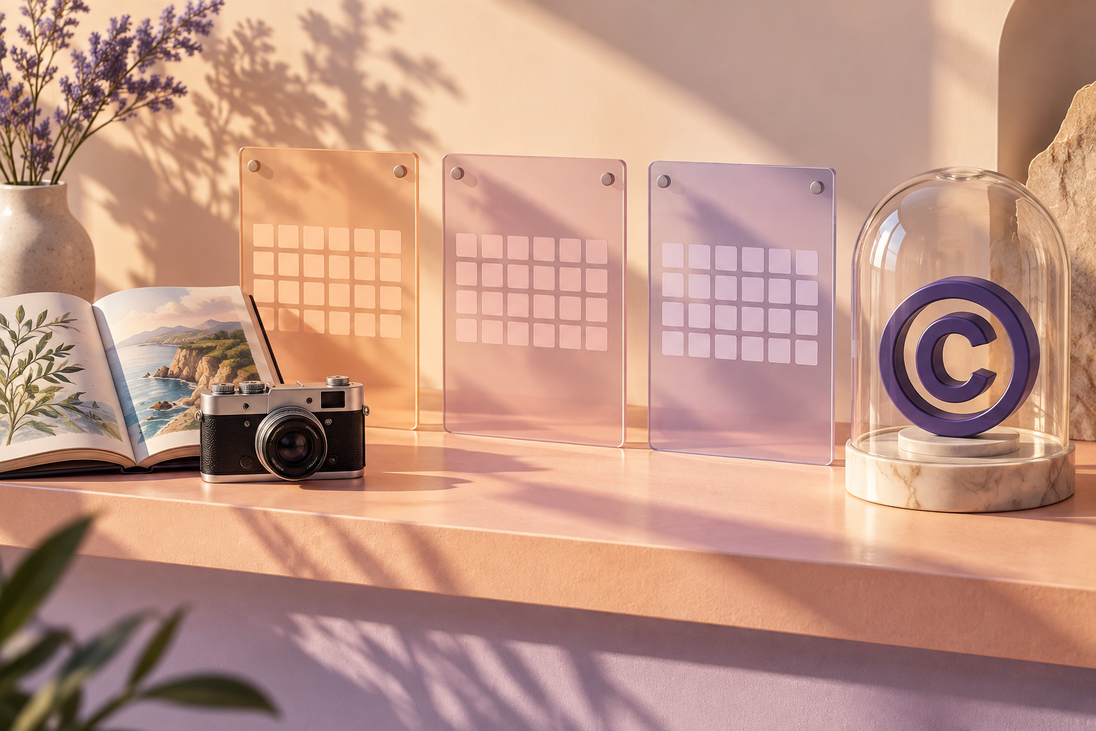 Three calendar panels beside a camera, illustrated book, and protected copyright symbol.