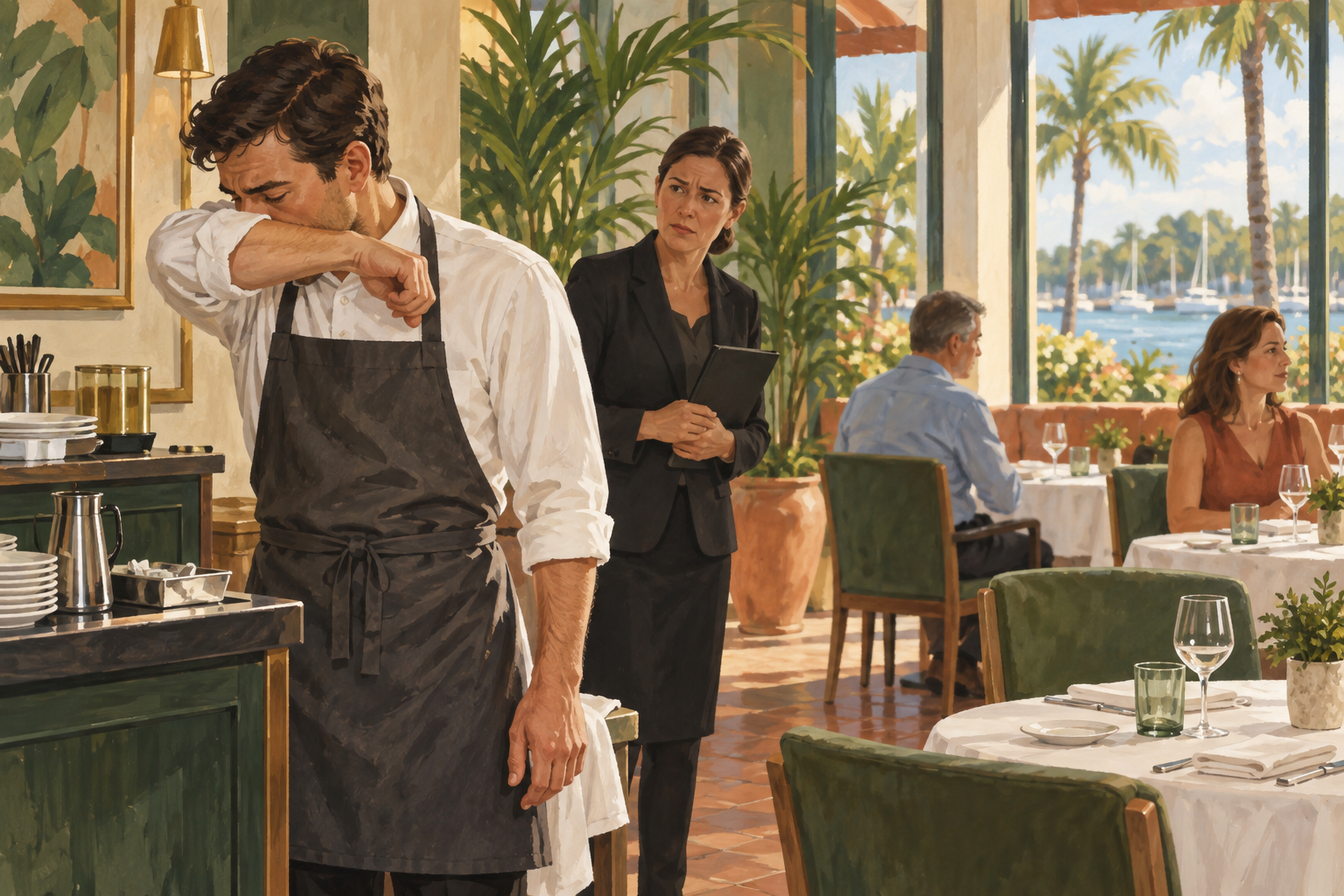 Illustration of a waiter coughing into his elbow while a manager watches in a Florida restaurant.