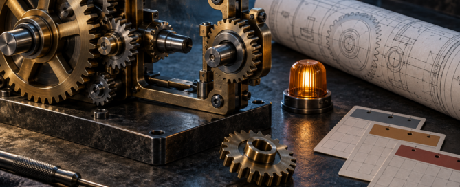 A mechanical gear assembly with a missing gear beside patent drawings and calendar cards.