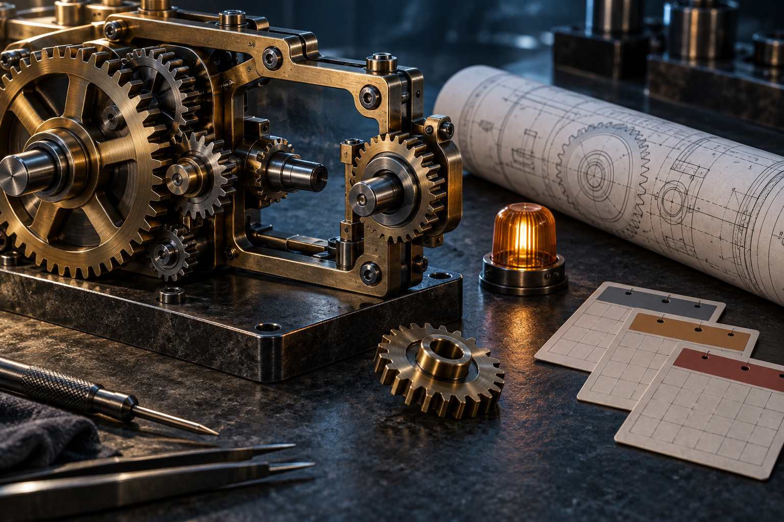 A mechanical gear assembly with a missing gear beside patent drawings and calendar cards.