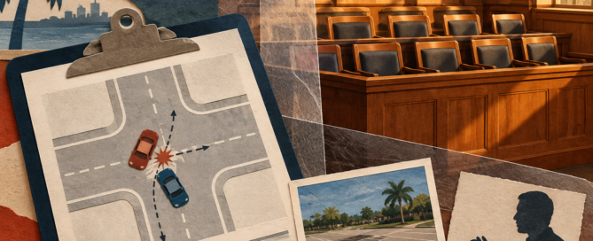 A crash report diagram and independent evidence appear before an empty jury box in a layered paper collage.