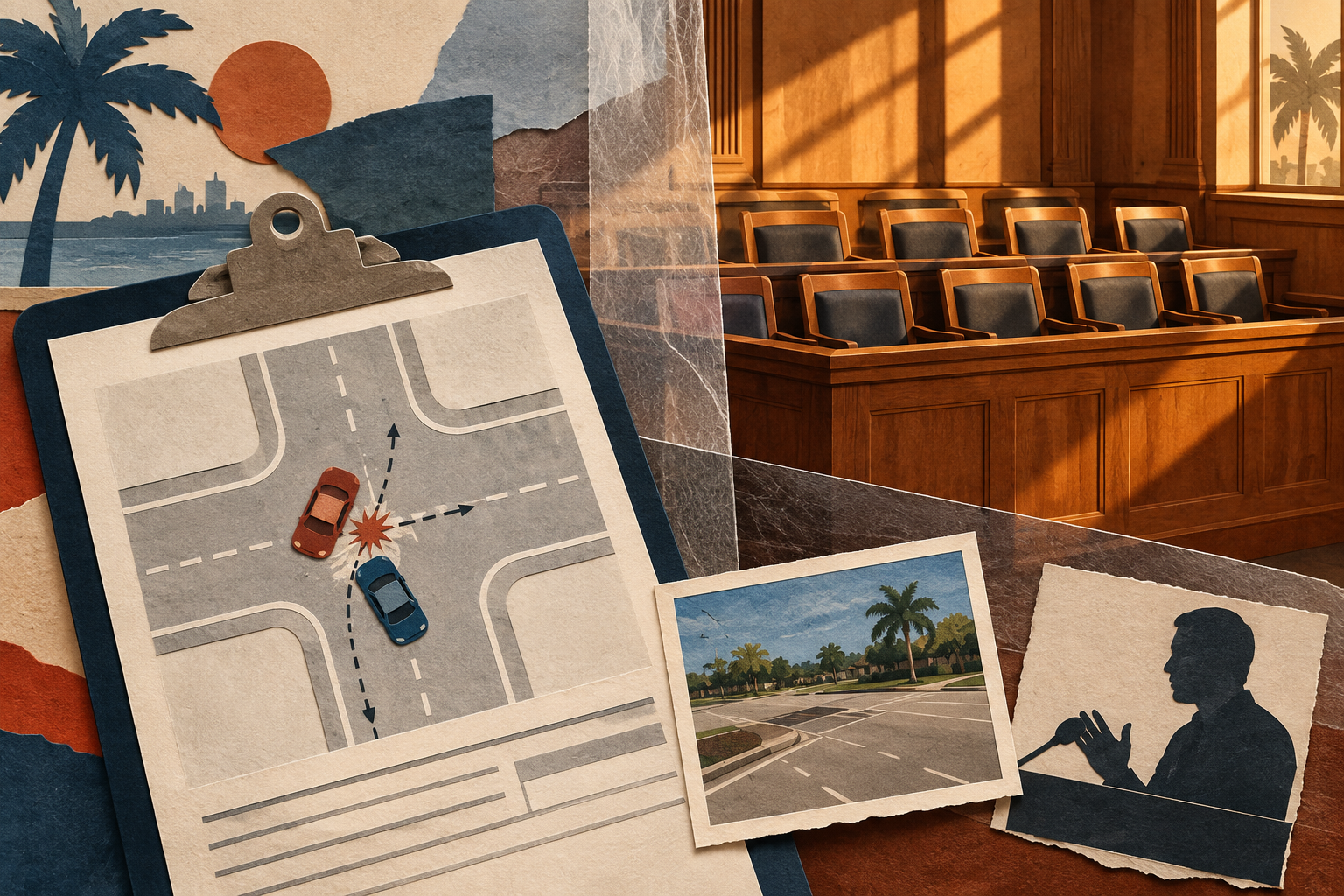 A crash report diagram and independent evidence appear before an empty jury box in a layered paper collage.