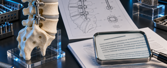 A spinal implant model beside a patent drawing and magnified opening claim language.