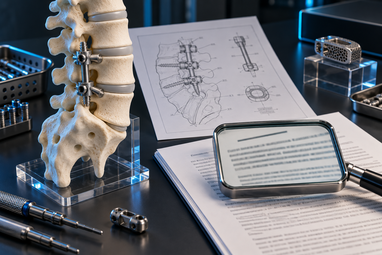 A spinal implant model beside a patent drawing and magnified opening claim language.