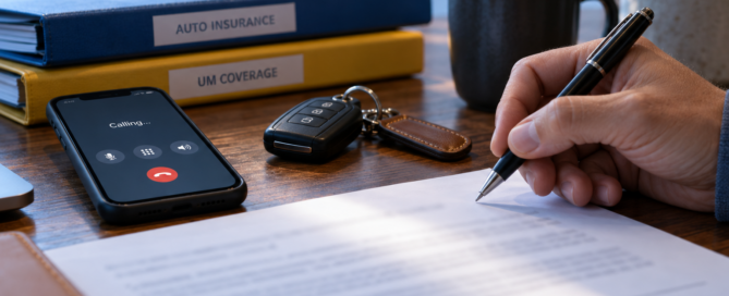 A pen pauses above a release beside a phone and insurance folders, illustrating notice before a UM settlement.