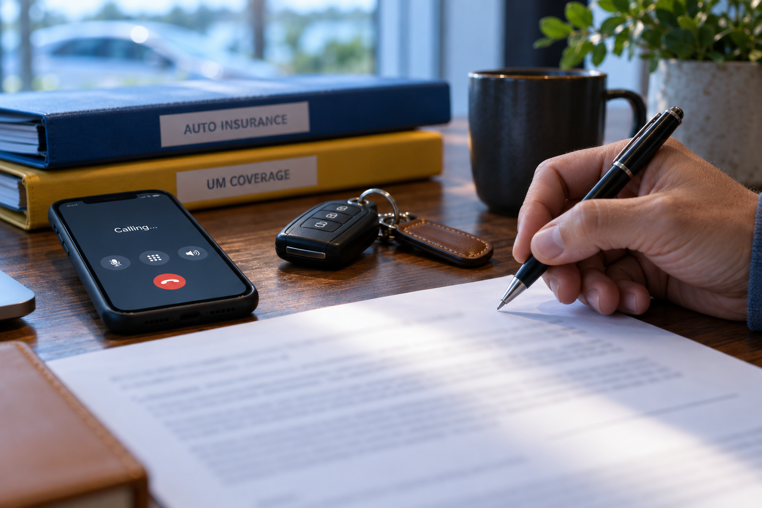 A pen pauses above a release beside a phone and insurance folders, illustrating notice before a UM settlement.