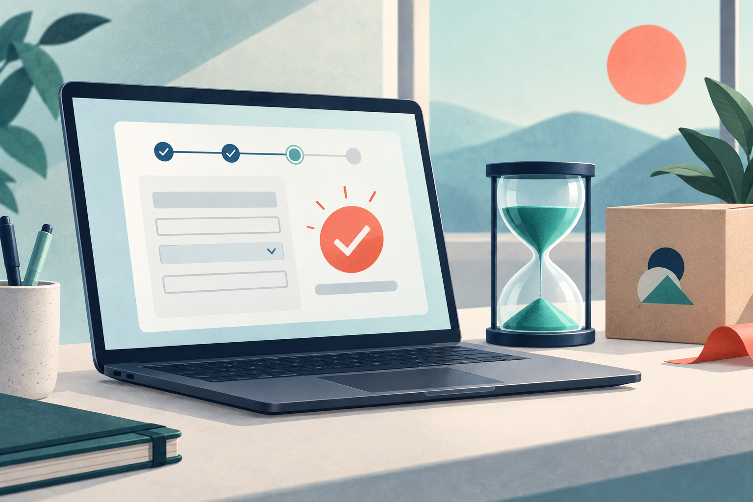 An online filing screen, hourglass, and product package illustrate Statement of Use extension requests.
