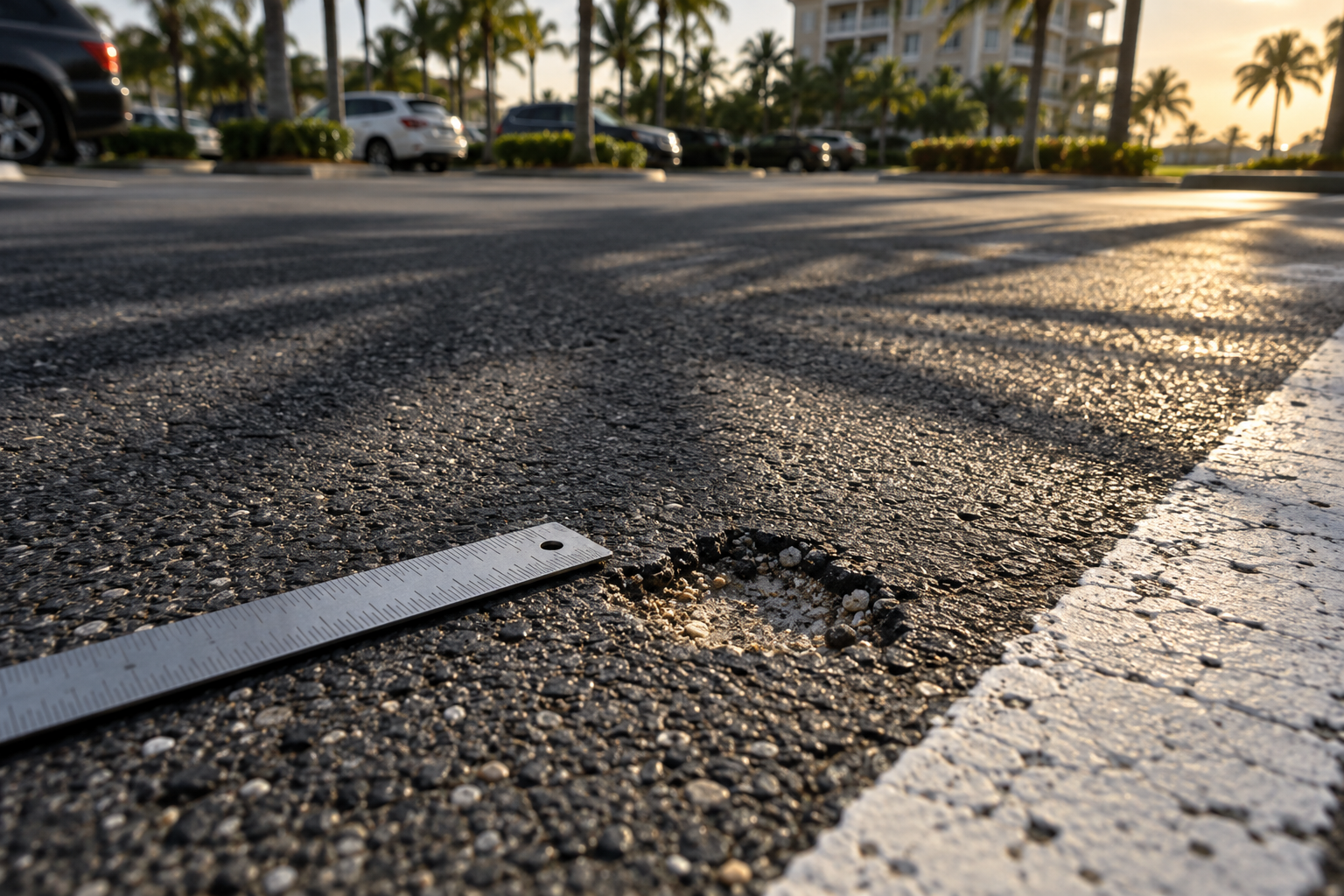 A ruler beside a shallow asphalt defect illustrates evidence in a parking-lot trip-and-fall claim.