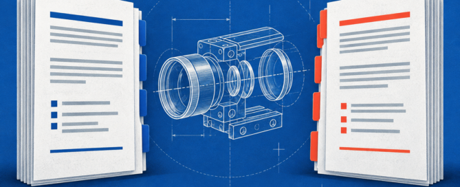 Two organized document sets flank a technical drawing, illustrating patent challenge petitions and owner responses.