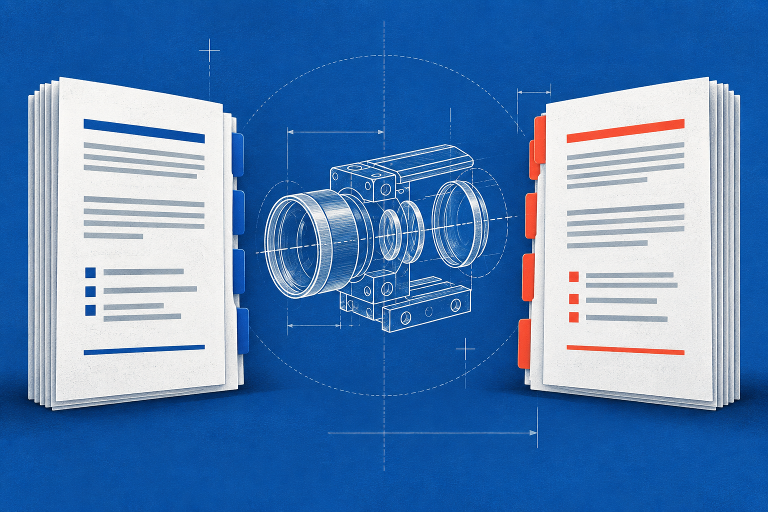 Two organized document sets flank a technical drawing, illustrating patent challenge petitions and owner responses.