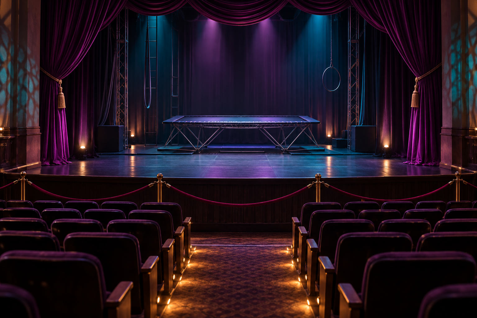 An empty theater with a raised stage and professional trampoline illustrates the limits of guest access.