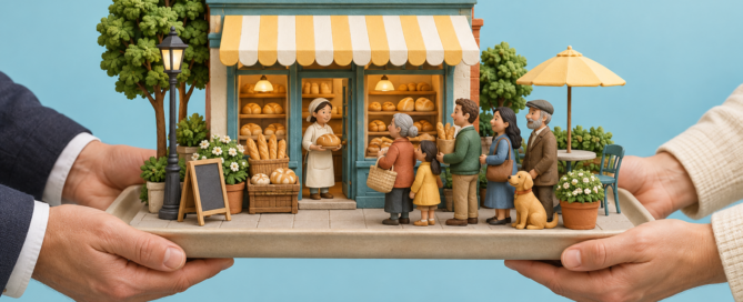 A miniature bakery and its customers are passed together between owners, illustrating goodwill in a trademark transfer.