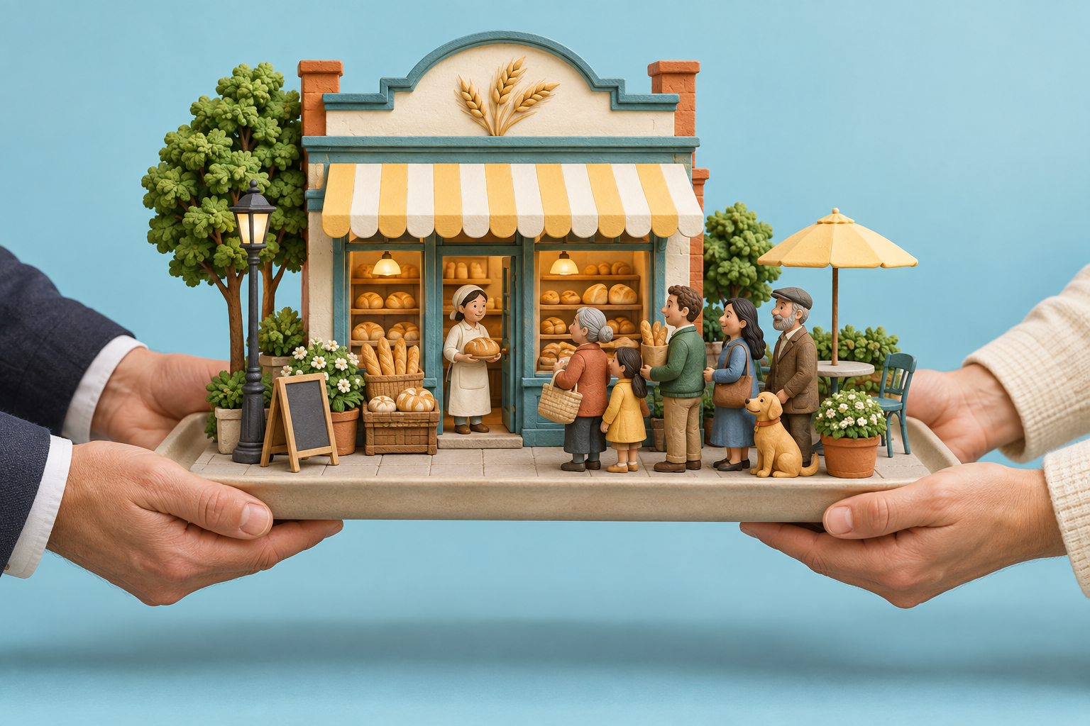 A miniature bakery and its customers are passed together between owners, illustrating goodwill in a trademark transfer.