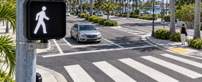An illuminated pedestrian signal overlooks a marked Florida crosswalk and an approaching vehicle.