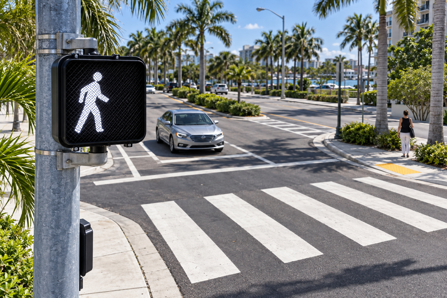 An illuminated pedestrian signal overlooks a marked Florida crosswalk and an approaching vehicle.