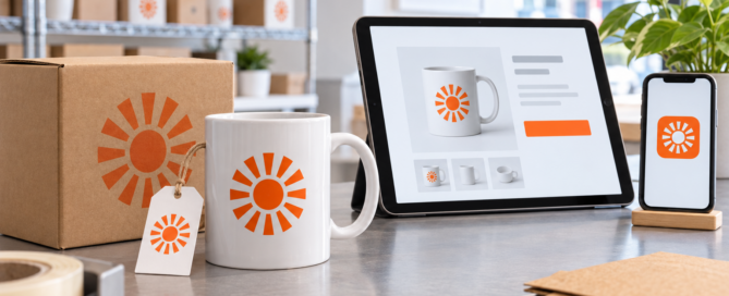 A matching symbol appears on product packaging, a mug, and digital screens to illustrate marketplace trademark use.