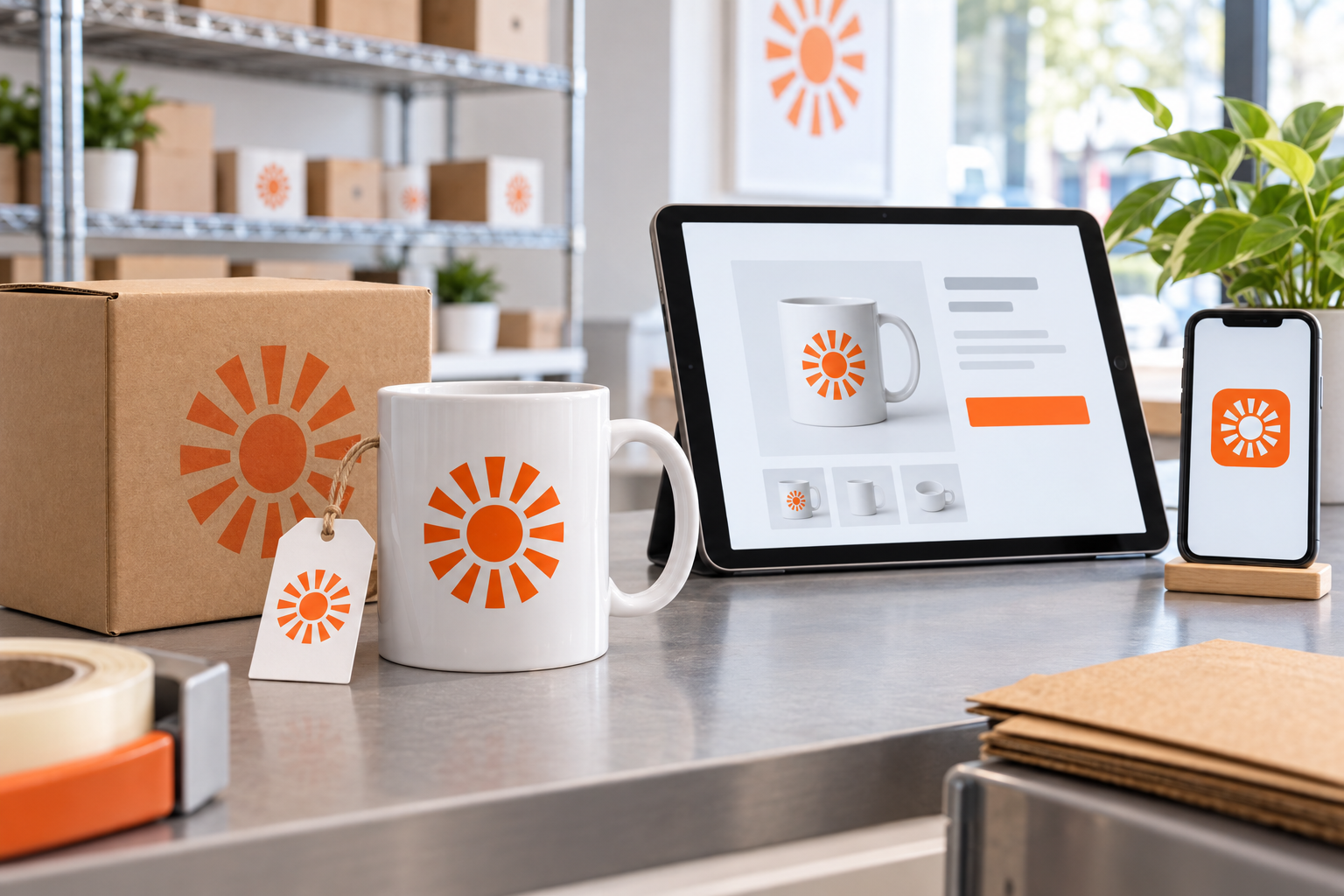 A matching symbol appears on product packaging, a mug, and digital screens to illustrate marketplace trademark use.
