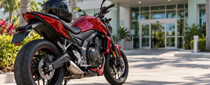 A motorcycle and protective helmet outside a medical clinic illustrate medical coverage after a motorcycle crash.