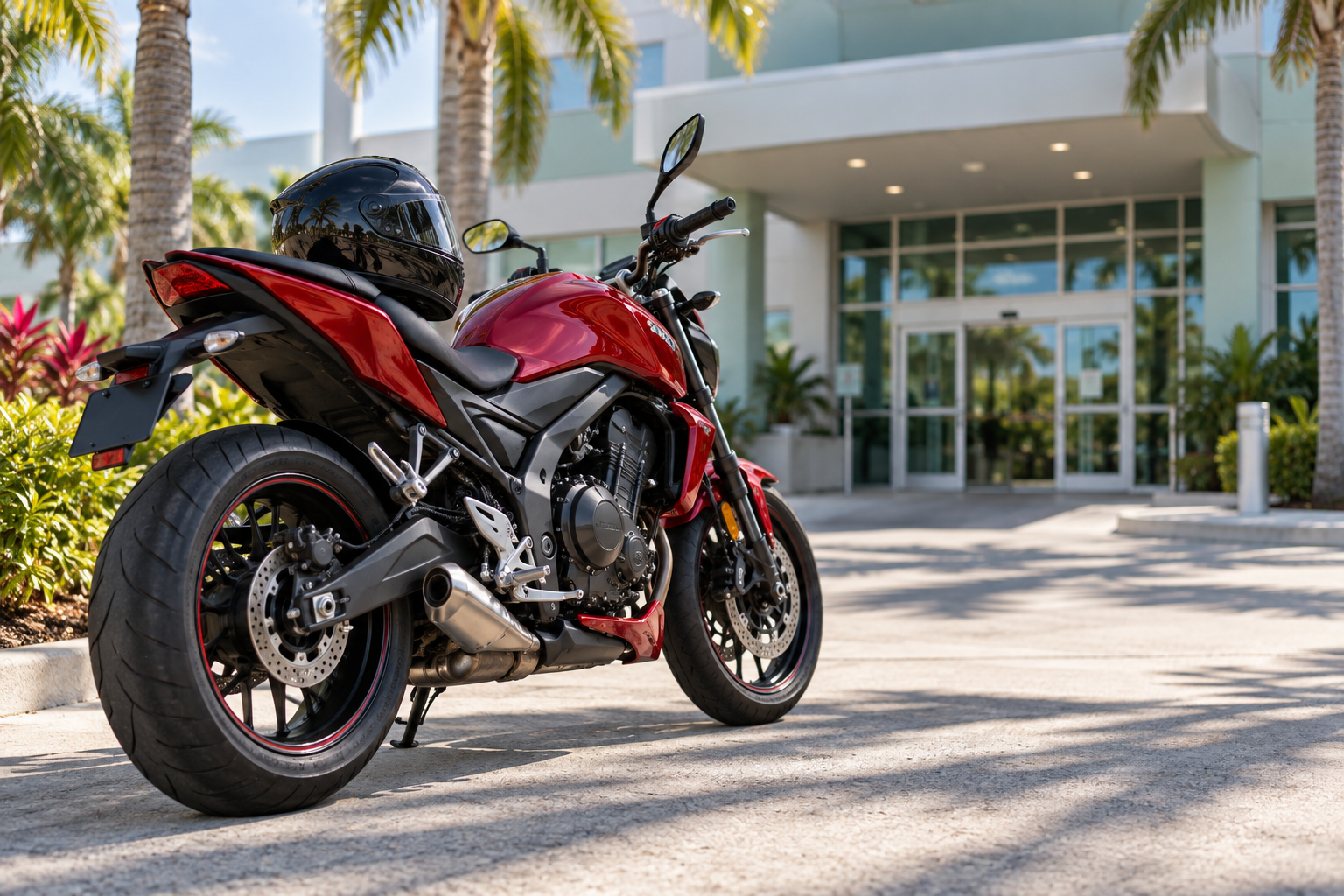 A motorcycle and protective helmet outside a medical clinic illustrate medical coverage after a motorcycle crash.
