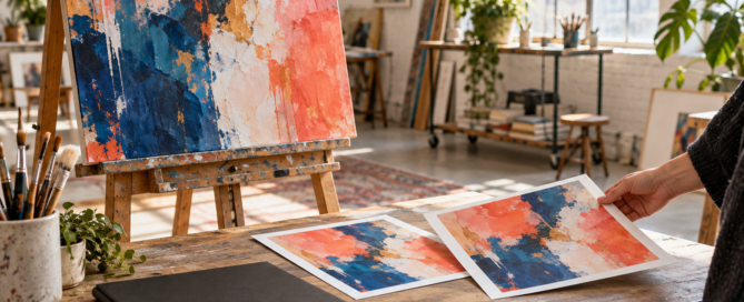 An original painting and print copies in an artist studio illustrate copyright ownership and permission to use creative work.