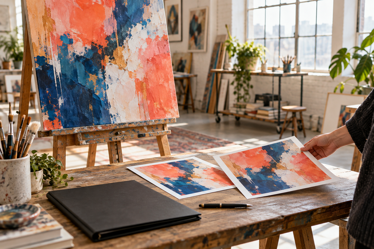 An original painting and print copies in an artist studio illustrate copyright ownership and permission to use creative work.