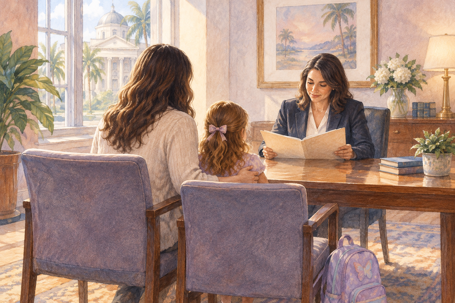 Parent and child meet with a legal professional to review a minor injury settlement.