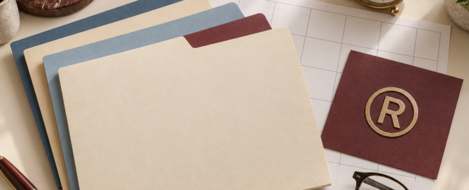 Trademark symbol, organized folders, and a clock represent trademark registration maintenance deadlines.