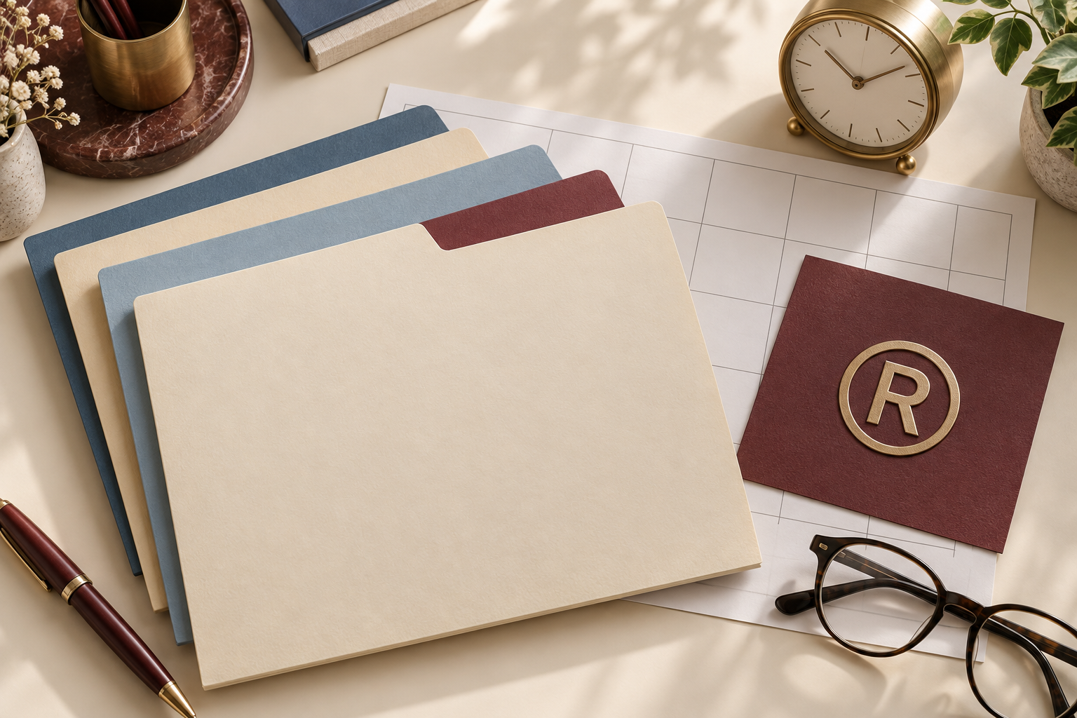 Trademark symbol, organized folders, and a clock represent trademark registration maintenance deadlines.
