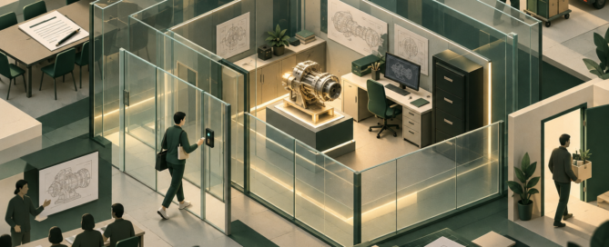 Layered access controls protect a prototype and confidential business documents in a design workshop.