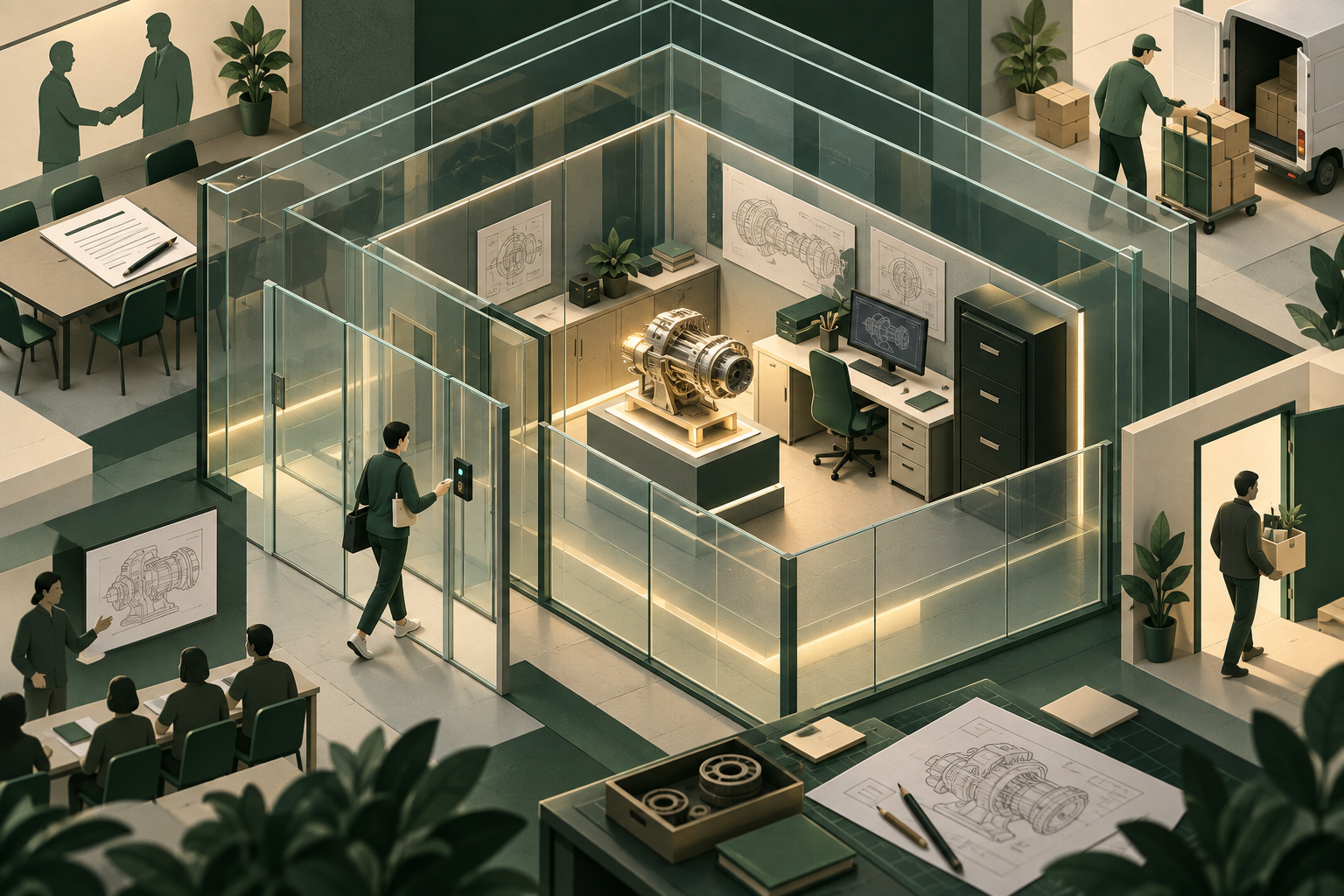 Layered access controls protect a prototype and confidential business documents in a design workshop.