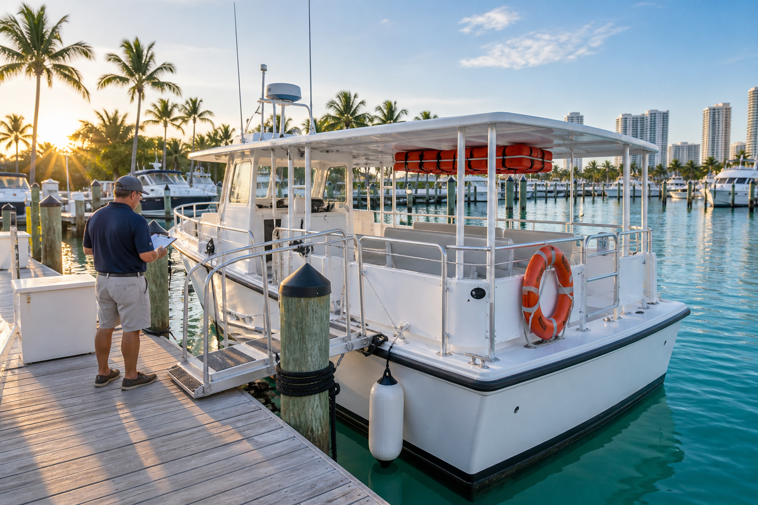 Captain checks paperwork beside a passenger charter boat with safety equipment in a Florida marina.