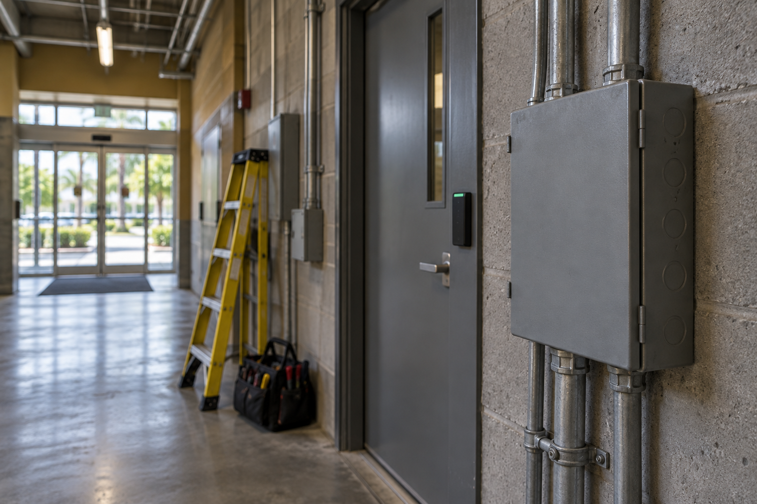 Electrical junction box beside a restricted utility room, ladder, and contractor tools.