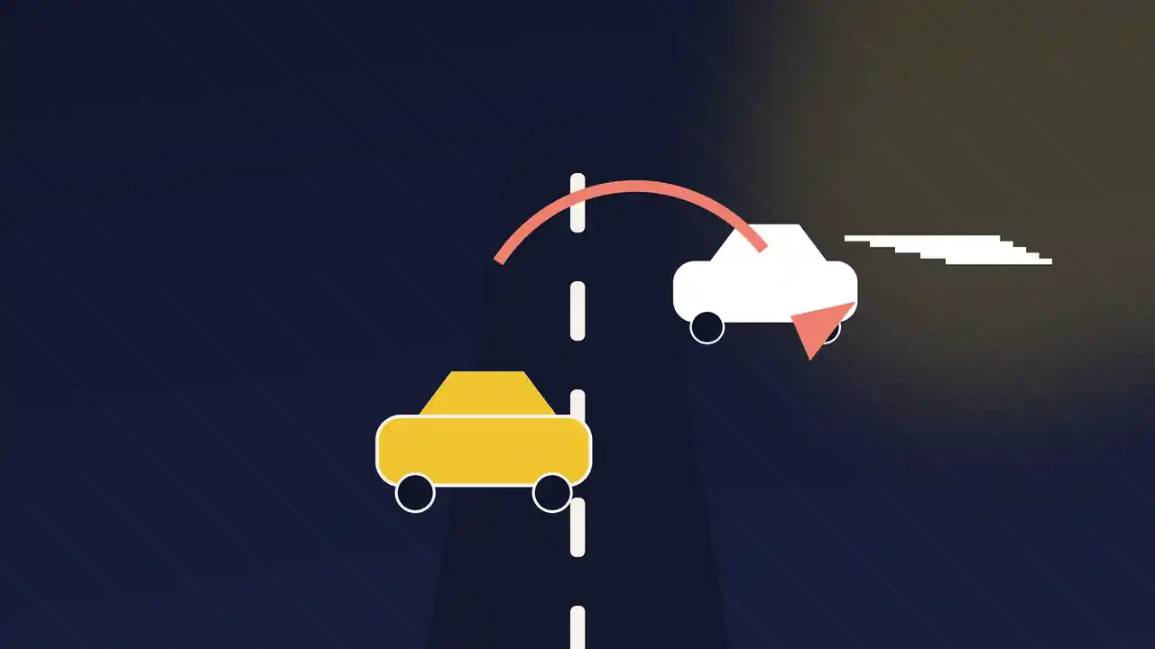 Graphical illustration of a car swerving near a ghosted vehicle on a roadway