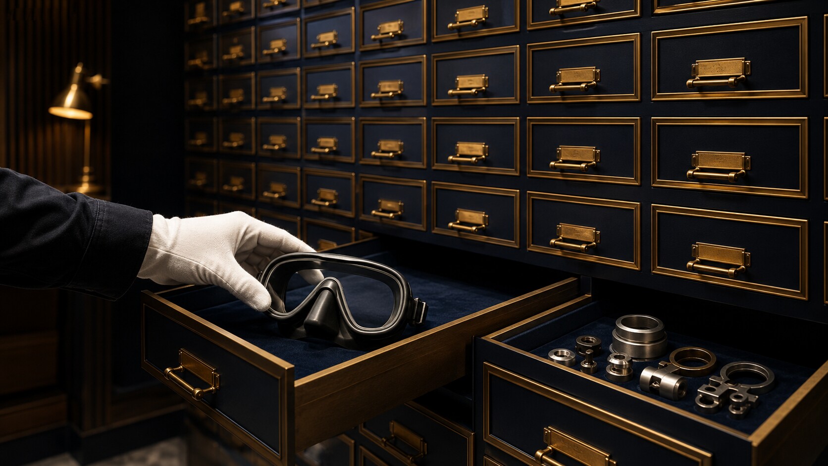 Classification drawers organizing a diving mask and metal components into distinct categories