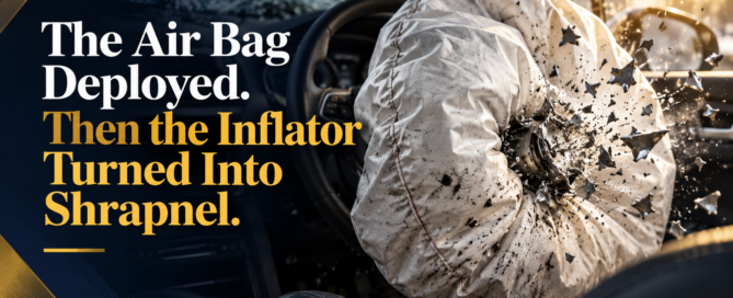 Deployed vehicle air bag with metal fragments illustrating a defective inflator shrapnel hazard