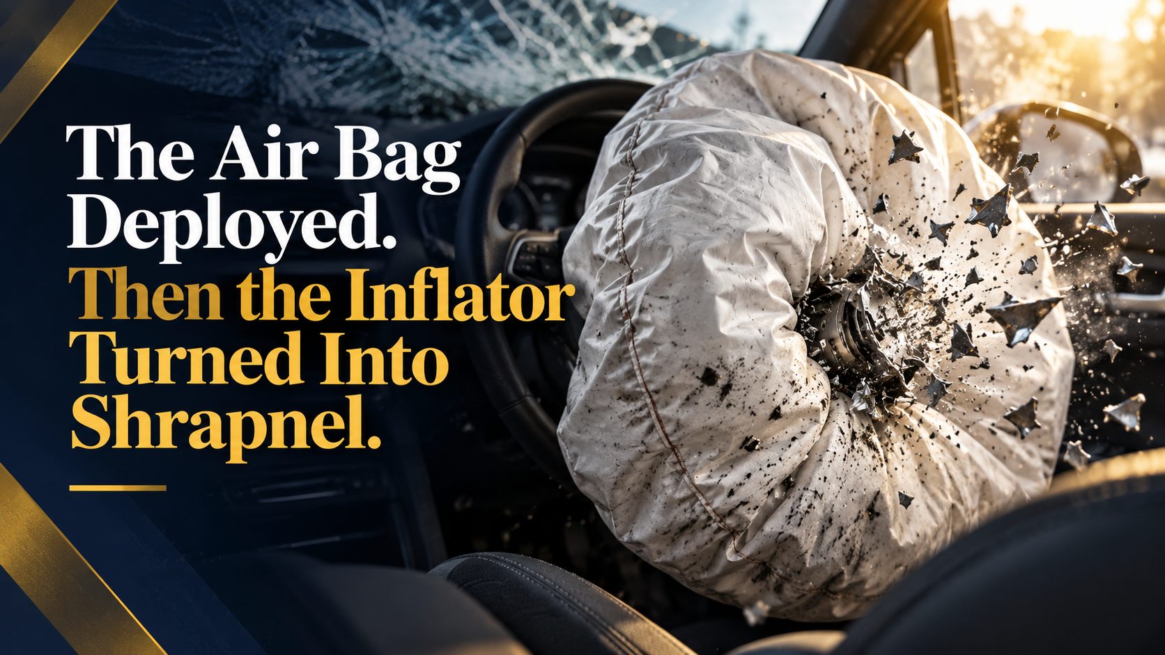 Deployed vehicle air bag with metal fragments illustrating a defective inflator shrapnel hazard