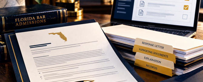 Florida Bar admissions status letter with organized response documents and applicant portal checklist