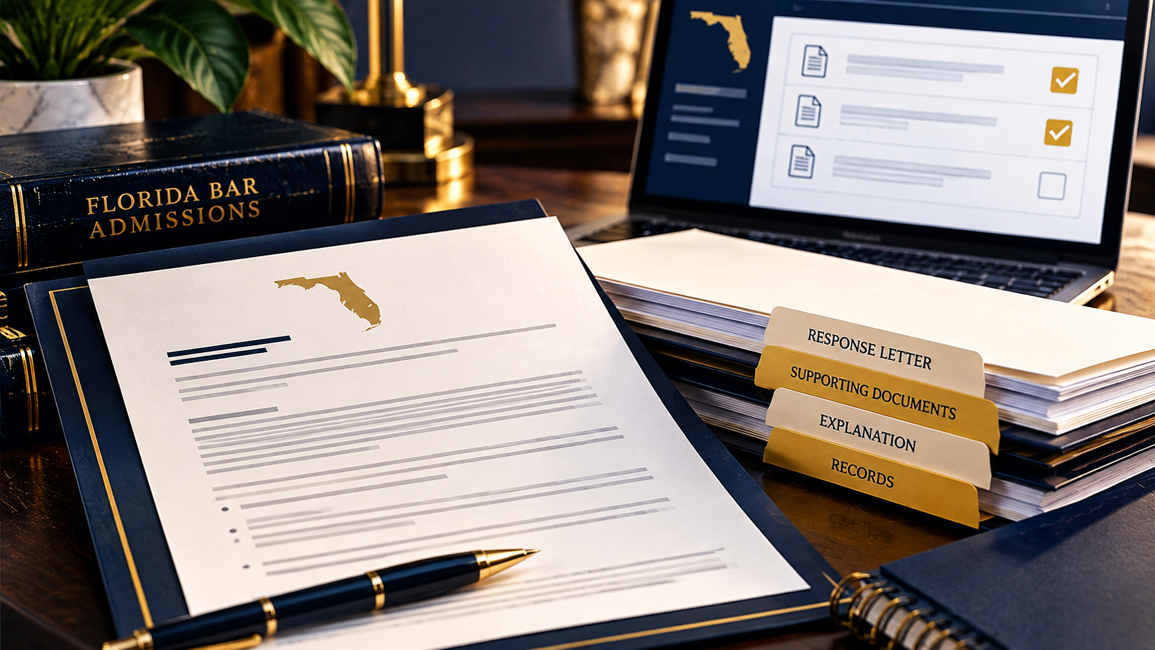 Florida Bar admissions status letter with organized response documents and applicant portal checklist