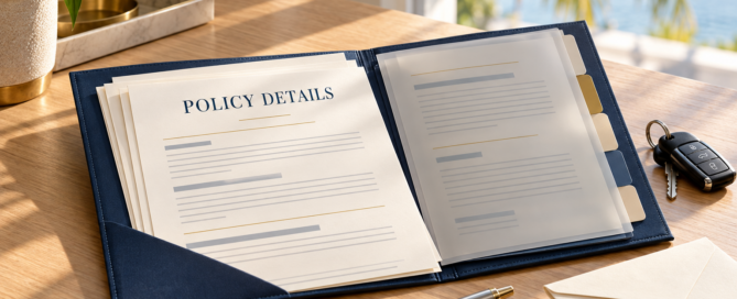 Insurance policy documents in a navy folder beside car keys on a sunlit desk.