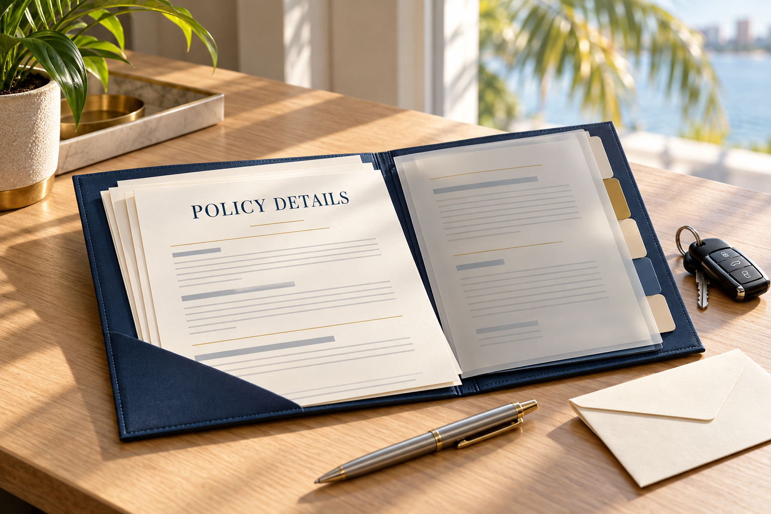 Insurance policy documents in a navy folder beside car keys on a sunlit desk.