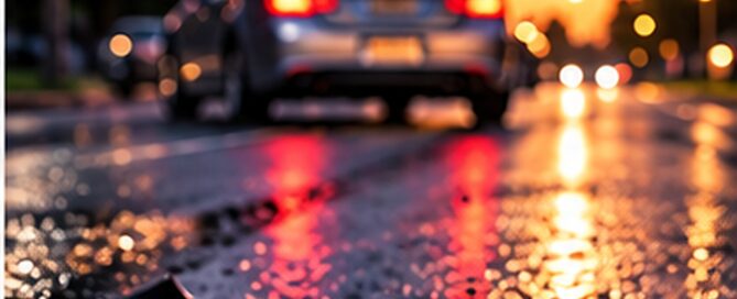 Vehicle leaving a wet roadway with crash debris in the foreground