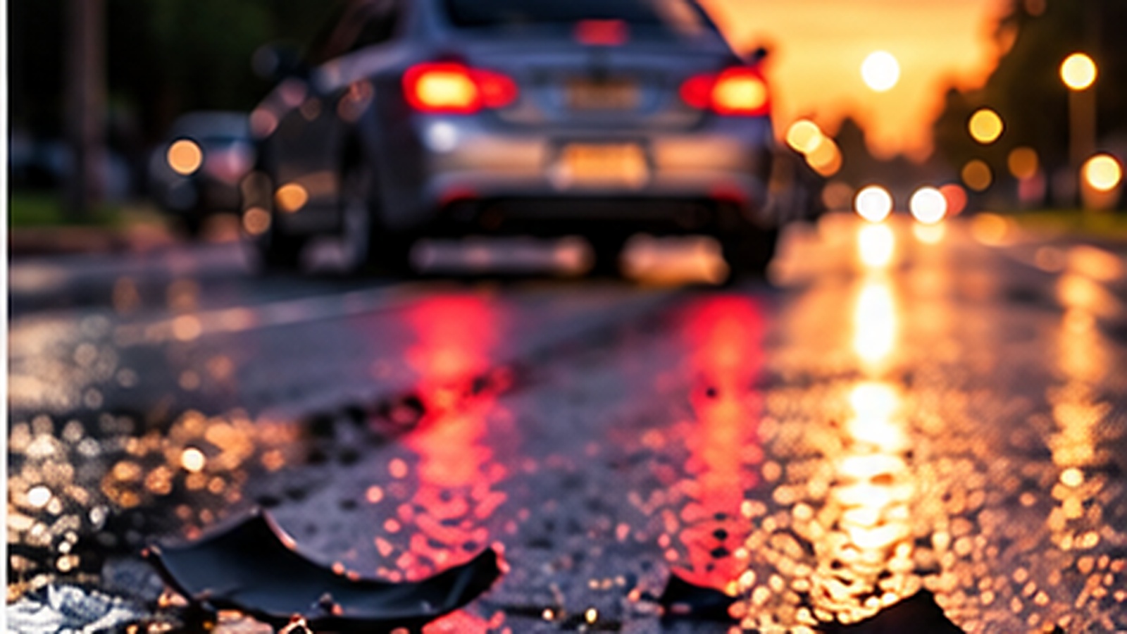 Vehicle leaving a wet roadway with crash debris in the foreground
