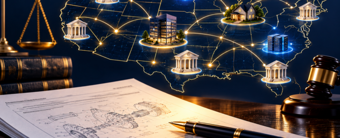 Illustration of U.S. patent venue with courthouses, a corporate office, remote work, servers, and a patent document