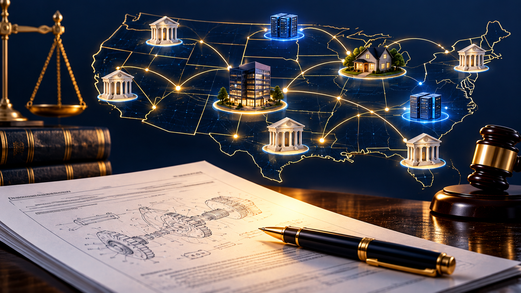 Illustration of U.S. patent venue with courthouses, a corporate office, remote work, servers, and a patent document