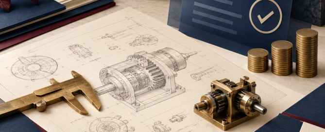 Original illustration of an invention blueprint, mechanical prototype, coins, and a checked document representing patent-fee eligibility.